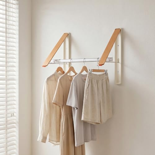 LEQ Clothes Drying Rack Wall Mounted, Foldable Laundry Drying Rack with Wood-Tone Aluminum Frame, Rustproof Retractable Clothes Hanger for Small Laundry Room, Bathroom, Balcony,(White, 2 Racks + Rod) - size: 2 Racks+Rod