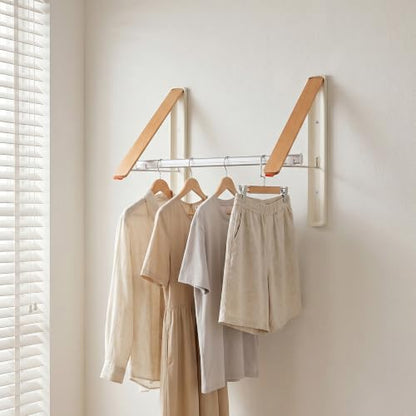 LEQ Clothes Drying Rack Wall Mounted, Foldable Laundry Drying Rack with Wood-Tone Aluminum Frame, Rustproof Retractable Clothes Hanger for Small Laundry Room, Bathroom, Balcony,(White, 2 Racks + Rod) - size: 2 Racks+Rod