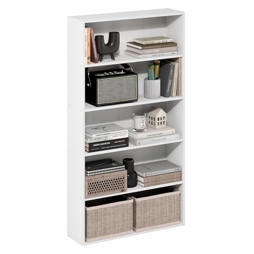 Furinno Basic Book Shelf, 5-Tier Bookshelf, Storage Organizer Bookcase with Open Shelf, 7 x 24 x 44, for Living Room, Bedroom, Home Office, White - color: White, size: 5-Tier, 7 x 24 x 44