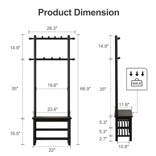 AQIMUELE Coat Rack with Shoe Storage, Narrow Wooden Hall Tree with Bench, 11 Hooks and 2-Tier Storage Shelves, 3-in-1, Entryway Bench with Coat Rack (23.6"-Black) - color: Black, size: 23.6"