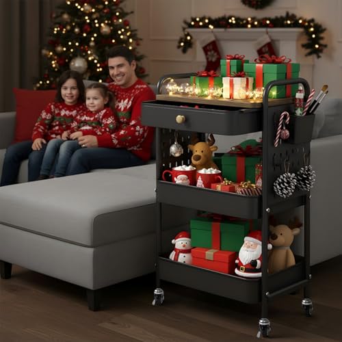 3-Tier Rolling Cart, Metal Rolling Storage Cart with Wooden Table Top & DIY Pegboards, Storage Cart with Wheels, Hooks & Hanging Cups, Storage Organizer Cart Craft Art Cart, Black