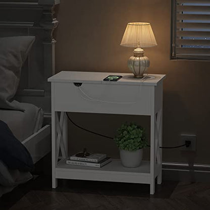 ChooChoo End Tables Living Room Set of 2, Side Table with Charging Station | Narrow Flip Top Side Table, Nightstand Sofa Table for Living Room, Bedroom, White - color: White
