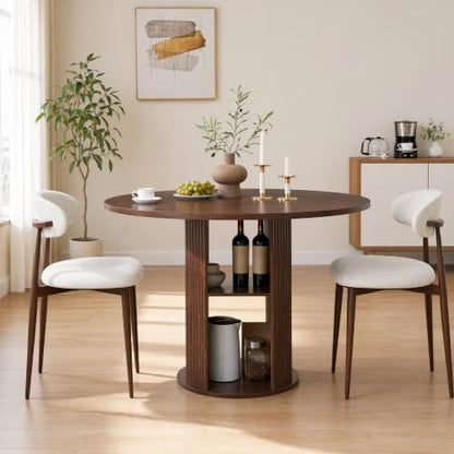 3-Piece Walnut Round Dining Table Set with 2 Upholstered Chairs, 47 Inch Kitchen Table for 2-4, Circle Dining Room Table Set with 2-Tier Storage Shelf, Wood Top Metal Frame for Small Spaces - color: Walnut