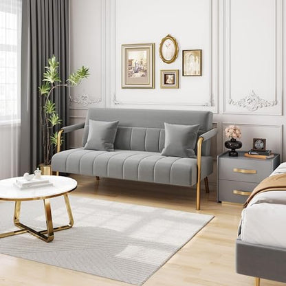 Yaheetech 56.5" Small Sofa 2 Seater Couch with Gold-Tone Legs, Light Gray | Small Sofa Loveseat Velve 2 Seater Couch with Tufted Back Gold Metal Frame 2 Pillows for Office, Studio,Living Room - color: Light Gray, size: 56.5" W