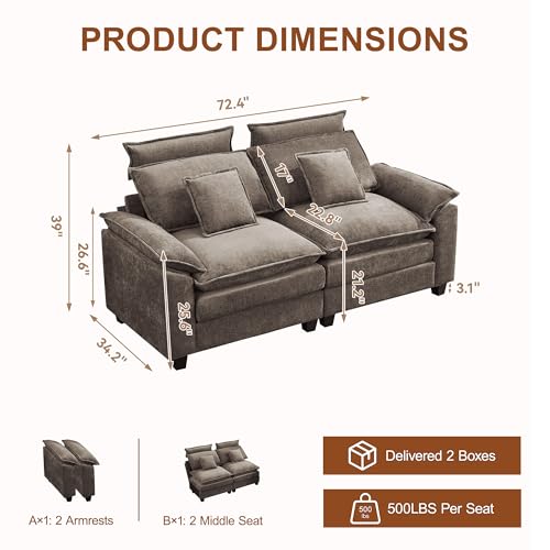 72'' Cloud Deep Seat Loveseat, Modular 2 Seater Sectional Couch with Detachable Headrest, Modern Love Seat Sofas for Living Room, Apartment, Brown - color: Brown, size: Loveseat