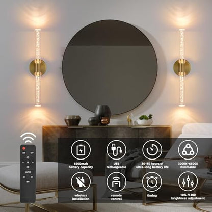 Battery Operated Wall Sconces Set of 2, Gold 20'' Rechargeable Crystal Bubble Wall Sconce with Remote Control, 3000K-6000K Dimmable LED Wireless Wall Lights for Living Room Bedroom Hallway - color: Gold