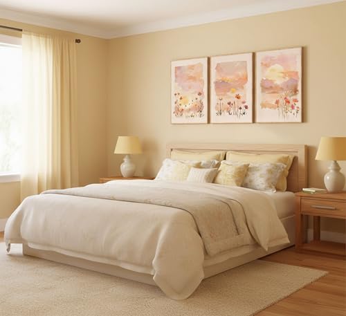 3 Pcs Sunrise Canvas Wall Art for Living Room Bedroom Home Decoration | Blush Pink Wildflowers Floral and Orange Sunset Watercolor Landscape Pictures Wall Decor Poster Print Artwork Unframed - color: Sunrise-Poster, size: 16L" x 12W"