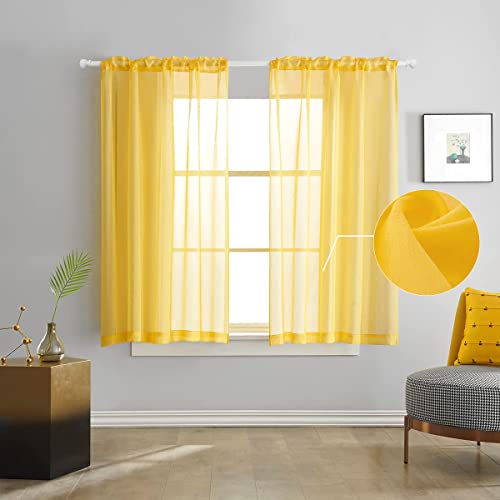 Christmas Yellow Semi Sheer Curtains 63 inch Length in Curtains Faux Linen Bright Yellow Sheers Curtain for Bedroom Living Room Girls Kids Room 2 Panels 52x63 Inches Long - color: Butter Yellow, size: 52"W x 63"L (Pack of 2)