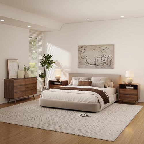 Nasonet Mid Century Modern Nightstand with Charging Station, Wood Bedroom End Tables Set of 2 Nightstands with Drawers, Bedside Table for Living Room, Curved Profile Design, Walnut - color: Walnut, size: 2 Drawers