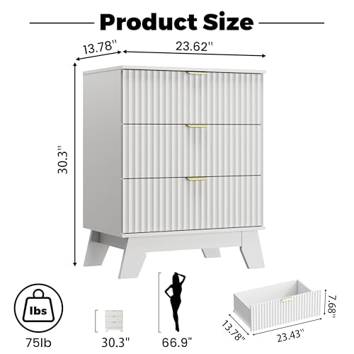 Night Stand Set 2, Bedside Table & End Table, Mid Century Modern Fluted Wood Nightstand with 3 Drawers & Metal Handles, Farmhouse Nightstand for Bedroom, White - color: White, style: 3 Drawers-2 PCS