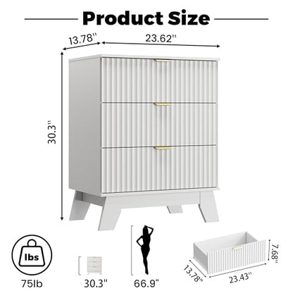 White Night Stand with 3 Drawers, Bedside Table & End Table, 24" Wide Mid Century Modern Fluted Wood Nightstand with Metal Handles, Farmhouse Night Stands for Bedroom - color: White, style: 3 Drawers