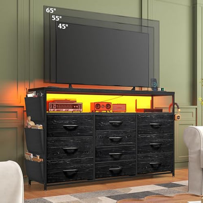 EnHomee Dresser with 10 Drawers, LED TV Stand for 55" TV with Power Outlets | Chest of Drawers with Side Pockets and Shelves, Metal Frame and Sturdy Wood for Bedroom, Hallway, Black - color: Black