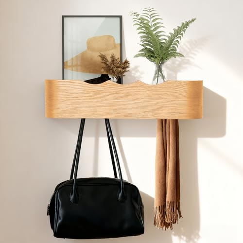 Coat Rack Wall Mount with Shelf Entryway Shelf Modern Key Holder Hanger Wall Shelves with Hidden Hooks for Hanging Towels Coats Hats Bags for Hallway Bathroom Bedroom(Wavy Oak, 4 Hooks) - color: Wavy Oak, size: 4 hooks