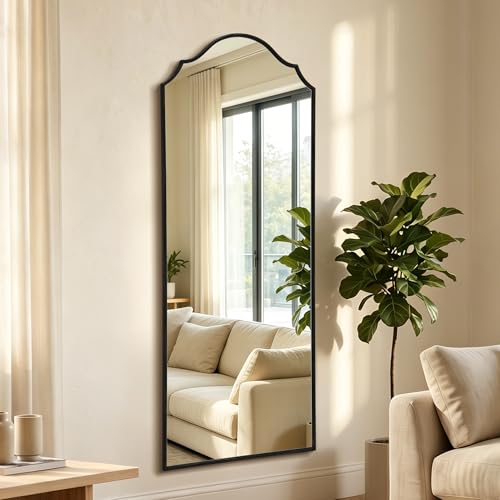 Besdomus Scalloped Full Length Mirror: 21"x56" Black Arched Floor Mirror | Classical Minimalist Wooden Frame Body Long Mirror for Wall/Bedroom/Cloakroom/Entryway/Living Room - Home Decor for Housewife - color: Black, size: 56"L x 21"W