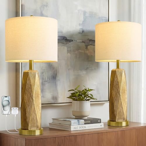 BOBOMOMO 27.5" Gold Table Lamps Set of 2 with USB-A & USB-C Charging Ports, Textured Resin Bedside Lamps with Linen Shade & Rotary Switch, Tall Nightstand Lamps for Bedroom, Living Room Office - color: Antique Gold