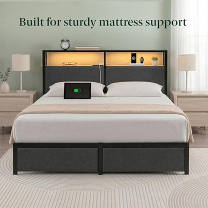 Zinus Michael Upholstered Platform Bed Frame, Four Underbed Drawers, King | Space-Saving Two-Tier Headboard Storage, Mood Setting RGB LED Lights, Built-in USB Charging Station, Ambient Night Light - size: King