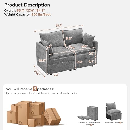 55" Cloud Modular Loveseat Sofa with Storage, Modern Upholstered Sofa Couch Small Love Seat, 2 Seater Chenille Comfy Sectional Sofa with Armrests for Living Room, Small Space, Light Grey - color: Light Grey, size: 55" Loveseat