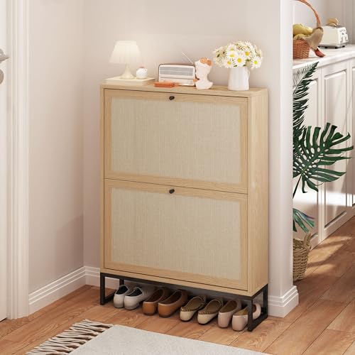 Narrow Shoe Storage Cabinet for Entryway with Natural Linen Panel, Freestanding Slim Shoe Cabinet with 2 Flip Drawers, Wood Shoe Organizer Closed Shoe Rack for Hallway, Living Room(Natural) - color: Natural, size: 2 Drawers Single Layer
