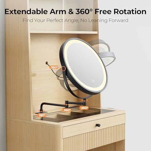 IRONCK Small Vanity Desk with LED Mirror, Glass Top & Storage Stool | 26-inch oak vanity with adjustable mirror arm, 3 light modes, 2 drawers, charging station, and tuck-away storage stool.