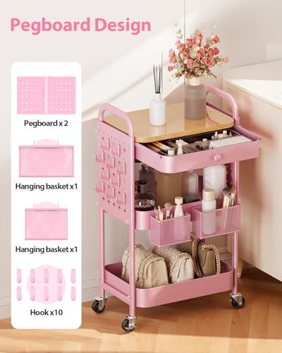 ALVOROG 3 Tier Metal Rolling Cart with Drawer,Wood Top,Pegboards,Pink | Storage Utility Cart with Drawers,Pegboards,Lockable Wheels,Baskets,Hooks for Kitchen,Office,Bedroom,DIY Supplies - color: Cherry Blossom Pink
