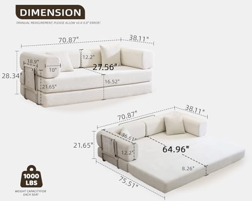 GEARIVY Folding Sofa Bed Convertable Corduroy Couch King Size Floor Sleeper 4-in-1 DIY Combination Modular Sofa Fold Out Futon Lounge Comfy Foldable Lazy cama for Living Room - color: White, size: 72.44 inch sofa