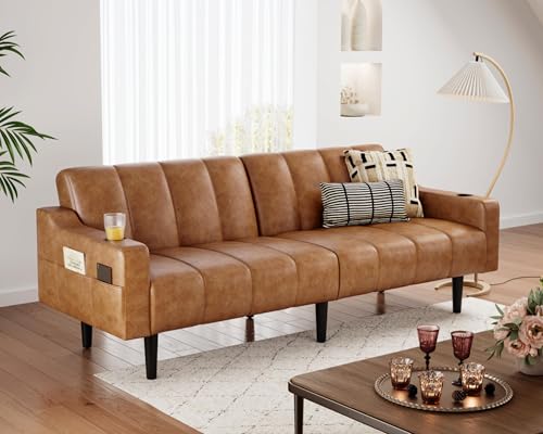 80'' Futon Sofa Bed, Faux Leather Sleeper Couch, Convertible Loveseat with Adjustable Sofa Backrest, Modern Couches for Living Room, Bed Room, Apartment, Office (Light Brown) - color: Faux Leather Light Brown