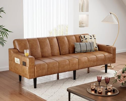 80'' Futon Sofa Bed, Faux Leather Sleeper Couch, Convertible Loveseat with Adjustable Sofa Backrest, Modern Couches for Living Room, Bed Room, Apartment, Office (Light Brown) - color: Faux Leather Light Brown
