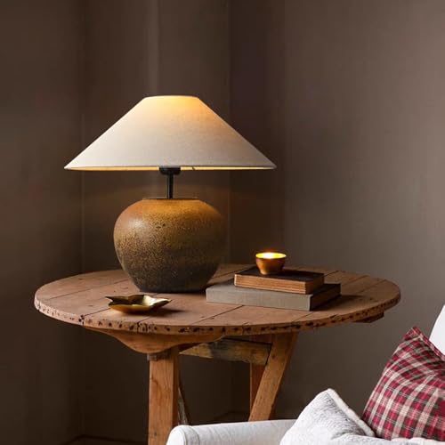 Ceramic Antique Style Pot Room Table Lamp Brown Wabi Sabi Ceramic Table Lamp Mid Century Modern End Desk Lamp Rustic Farmhouse Bedside Lamp for Nightstand Bedroom Living Room Home Office