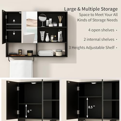 Bathroom Wall Cabinet with Mirror & Towel Bar, Black - color: Black-with Mirror