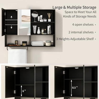 Bathroom Wall Cabinet with Mirror & Towel Bar, Black - color: Black-with Mirror