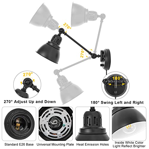 GOODATE 1 Pack Plug in Wall Sconce with Remote Control, Stepless Dimming & Stepless Colors 2700K-6500K, Plug in Wall Light, Swing Arm Wall Lamp with Night Light & Timer, LED Bulb Included - size: Black-1 PACK(Bulb+Remote)