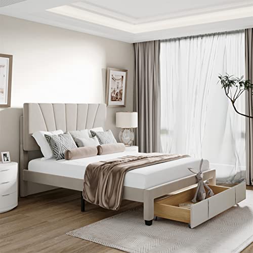 Harper & Bright Designs Queen Storage Bed, Upholstered Platform Bed with Headboard, Storage Bed Frame with Storage Drawers for Bedroom, No Box Spring Need, Beige - color: Beige, size: Queen
