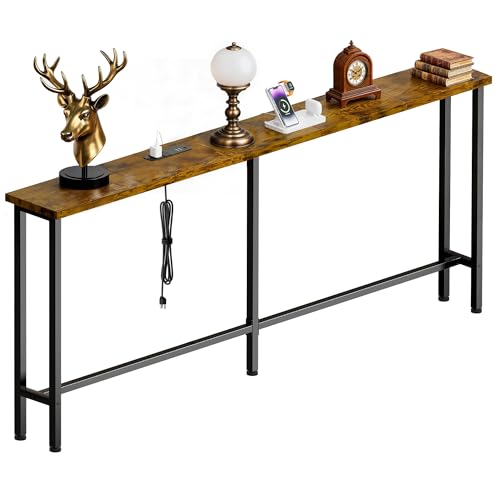 GRLEAF 78 Inch Narrow Sofa Table with Power Outlet, Extra Long Console Table Behind Couch Table with Charging Station, Skinny Entryway Table Thin Table for Living Room, Narrow Spaces (Rustic Brown) - color: Rustic Brown, size: 78IN