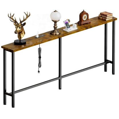 GRLEAF 78 Inch Narrow Sofa Table with Power Outlet, Extra Long Console Table Behind Couch Table with Charging Station, Skinny Entryway Table Thin Table for Living Room, Narrow Spaces (Rustic Brown) - color: Rustic Brown, size: 78IN