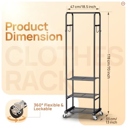 Clothes Rack with Wheels, Freestanding Garment Rack with 3 Metal Shelves for Hanging Clothes, Portable Hanging Rod for Small Room, Bedroom, Bathroom (Black)
