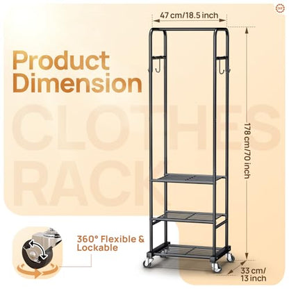 Clothes Rack with Wheels, Freestanding Garment Rack with 3 Metal Shelves for Hanging Clothes, Portable Hanging Rod for Small Room, Bedroom, Bathroom (Black)
