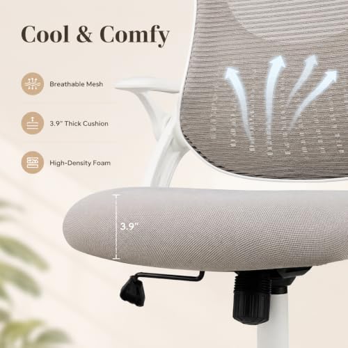 Grey Ergonomic Office Chair, High Back Mesh Desk Chair with Adjustable Headrest Lumbar Support, Computer Chairs with Flip-up Armrests and Thickened Cushion for Adults Home Office, 360° Swivel - color: Grey With Headrest
