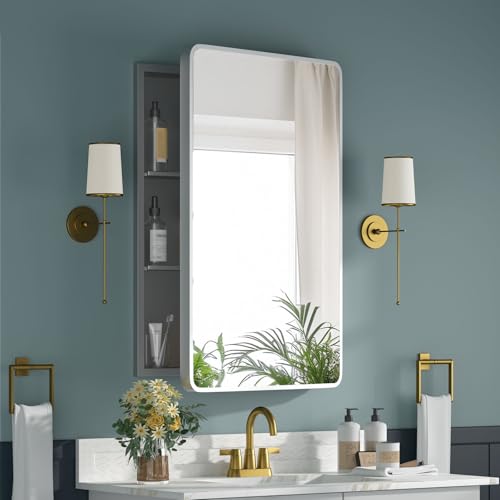 Medicine Cabinet 20 x 28 Inch, Silver Bathroom Medicine Cabinet with Mirror,Metal Beveled Mirror, Adjustable Shelves, Recessed or Wall Mount, Sturdy & Solid, Bathroom Mirror with Storage - color: Silver, size: 20*28inch