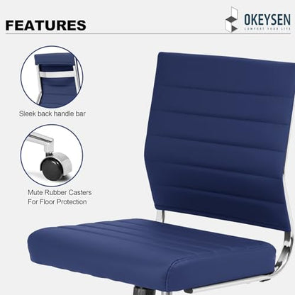 Okeysen Armless Office Desk Chair, Mid Back Ergonomic Swivel Conference Room Chair, Adjustable Height PU Leather Home Desk Chair, Modern Small Rolling Computer Task Chair, Navy Blue - color: Navy Blue