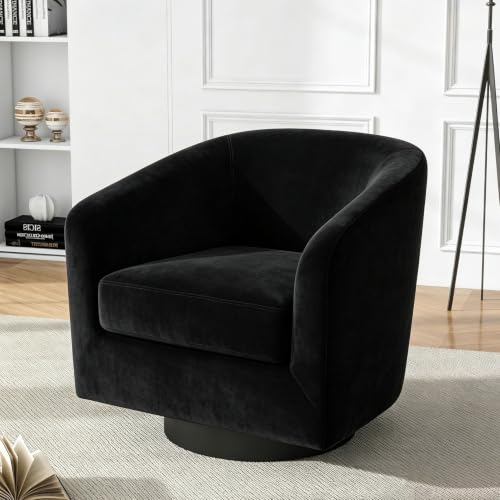 Swivel Barrel Accent Chair, Velvet Upholstered Armchair, Black | Modern Round Club Chair | Comfy Reading Seat with Removable Cushion | For Living Room, Bedroom, Office - color: Ink Black