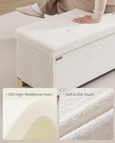 SONGMICS Storage Ottoman Bench with Legs, Folding Ottoman Foot Rest with Flipping Lid, Bench with Storage, for Living Room, Bedroom, Entryway, Teddy Fleece, 43.3 Inches, Cream White ULSF081WD01 - color: Cream White, style: with Flipping Lid