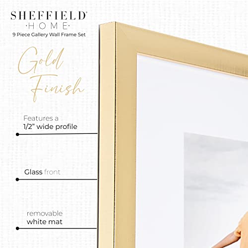 Sheffield Home 9 Piece Gallery Wall Frame Set, 12x12 in. Matted to 8x8 in. (Gold) - color: Gold, size: 12x12 Inch