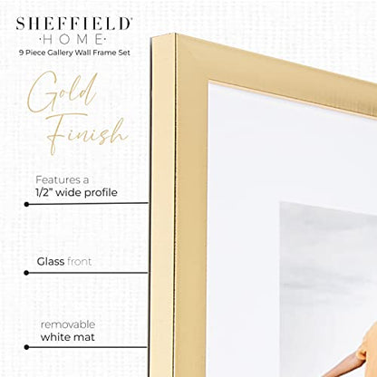 Sheffield Home 9 Piece Gallery Wall Frame Set, 12x12 in. Matted to 8x8 in. (Gold) - color: Gold, size: 12x12 Inch