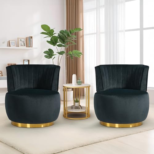 SLEERWAY 360° Swivel Barrel Chair Set of 2, Modern Velvet Round Accent Chair, Comfy Upholstered Small Armchair with Gold Metal Base for Living Room Bedroom Nursery Office Sillas para Sala, Black - color: Black, size: 25.2" W