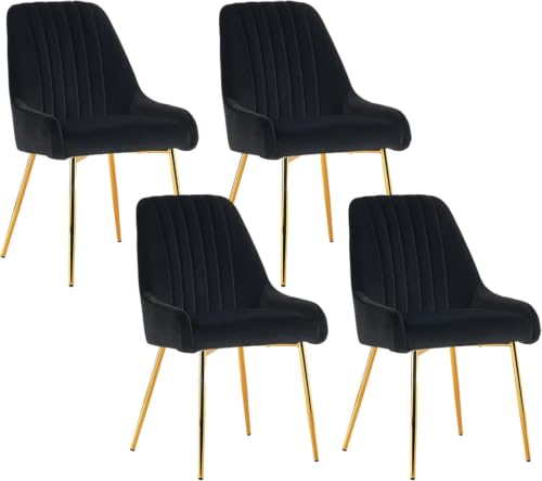 Black Velvet Dining Chairs Set of 4, Modern Kitchen and Vanity Chairs | Modern upholstered vanity chairs with gold metal legs, stain-resistant hand-quilted fabric, high-density foam cushion seat - color: Black, size: Set of 4