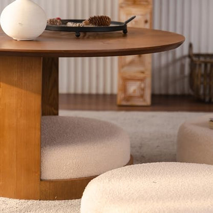 31.5" Round Coffee Table with 3 Teddy Fabric Nesting Stools, Rustic Farmhouse Multifunctional Center Table Set with Hidden Storage, Tea Table for Living Room, Easy Assembly - Walnut - color: 31.5" Coffee Table With 3 Nesting Stools