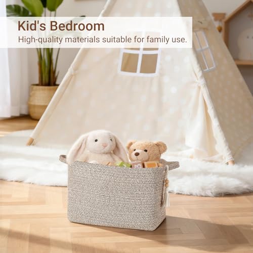 Mkono Woven Storage Basket, Cube Cotton Rope Basket for Shelves, 13"x10"x9" | Organizes Shoes Clothes Toys Towels Books, Gift Basket, Wooden Beads Tassel, Rectangle Bin, Fits Entryway Bedroom Living Room - color: Brown