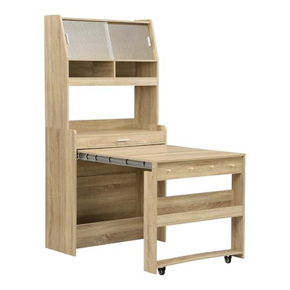 RuiSiSi Space Saving Folding Dining Table for 2-4, Farmhouse Buffet with Hutch and Storage Shelves, Multifunctional Cupboard with Side Hooks for Small Space, Studio, Apartment, Natural - color: Natural