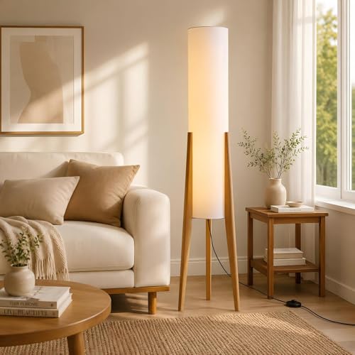BOFEA-50 Floor Lamps for Living Room,Nordic Modern Floor Lamp,Tall Standing Boho Lamp with Fabric Shade,3 Color Art Standing Lamps,Farmhouse Wood Floor Lamp for Bedroom Office Corner | White Fabric Tall Lamp with Foot Switch＆3 Color temperature,Decorative