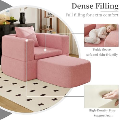 40" Pull Out Couch,2 in 1 Sleeper Sofa Bed,Convertible Sleeper Chair with Pillow Foldable Mattress with Back Support,Teddy Fleece,Pink - color: Pink